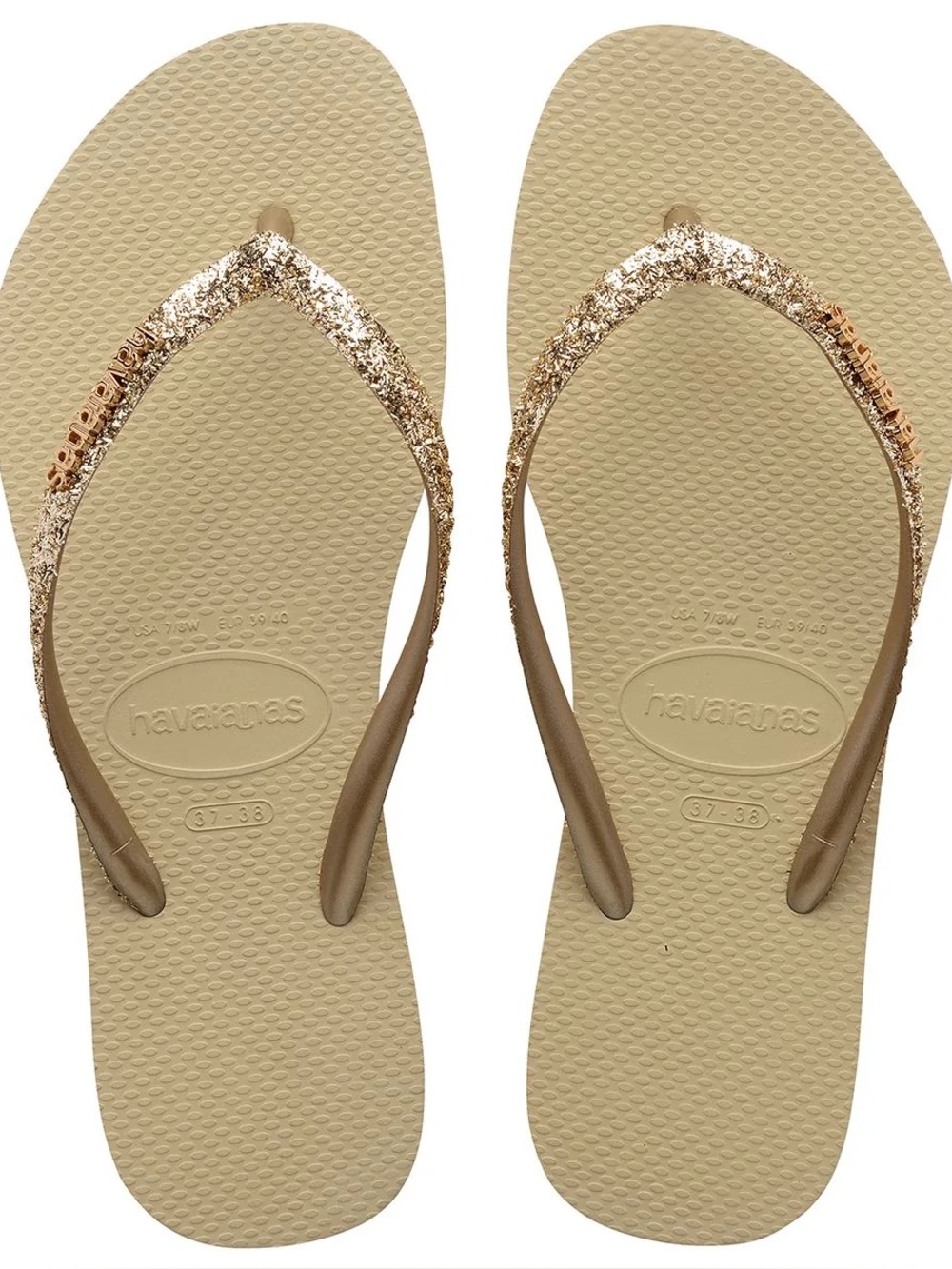 Havaianas Beige Flip Flops with Gold Glitter Straps